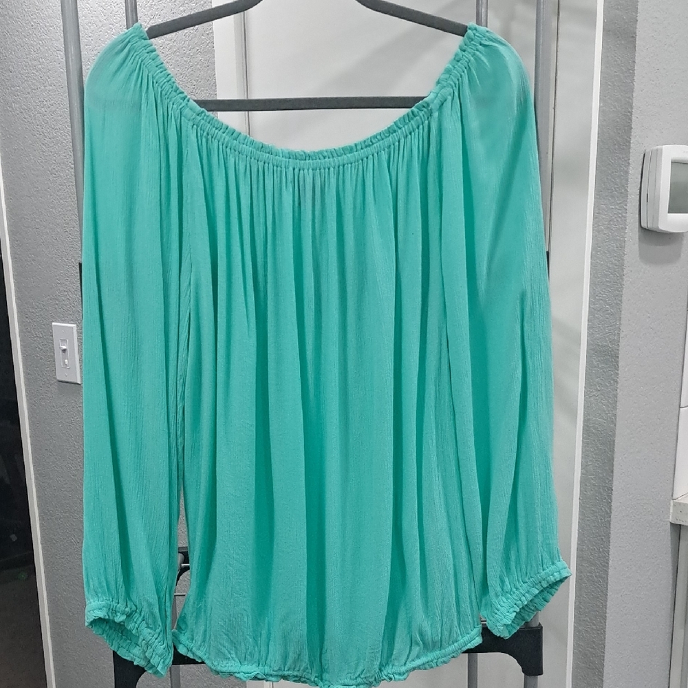 Tommy Hilfiger Light Aqua Off-Shoulder Blouse, Women's Size XL